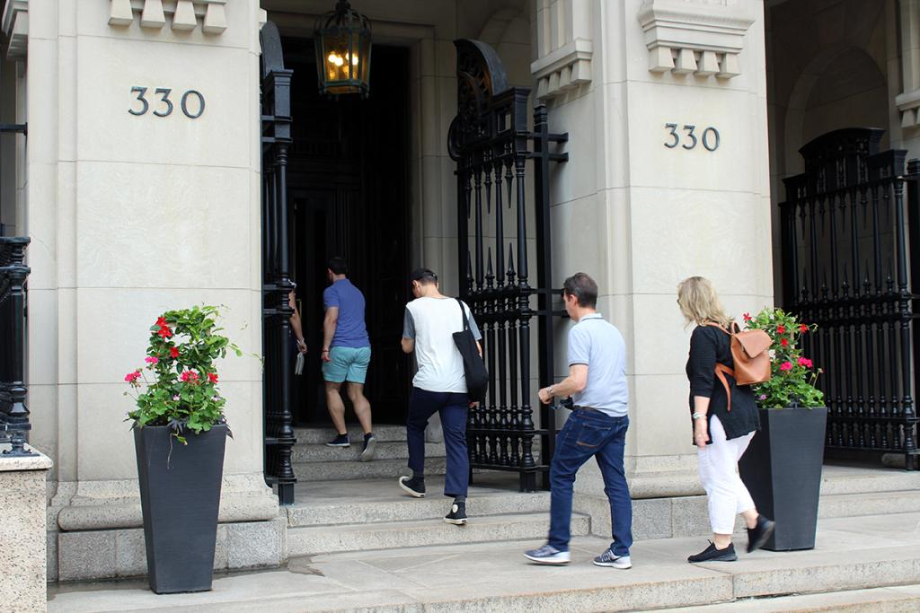 Visitors entering the Canada Life building